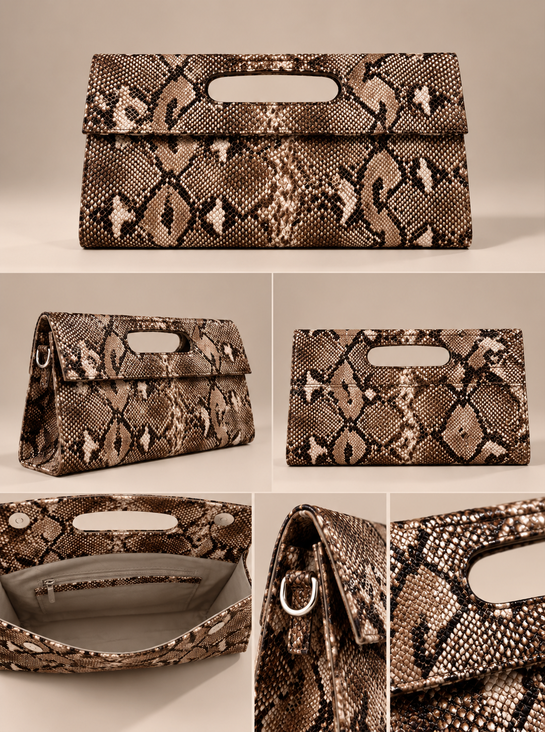 Beige Snake Print Clutch