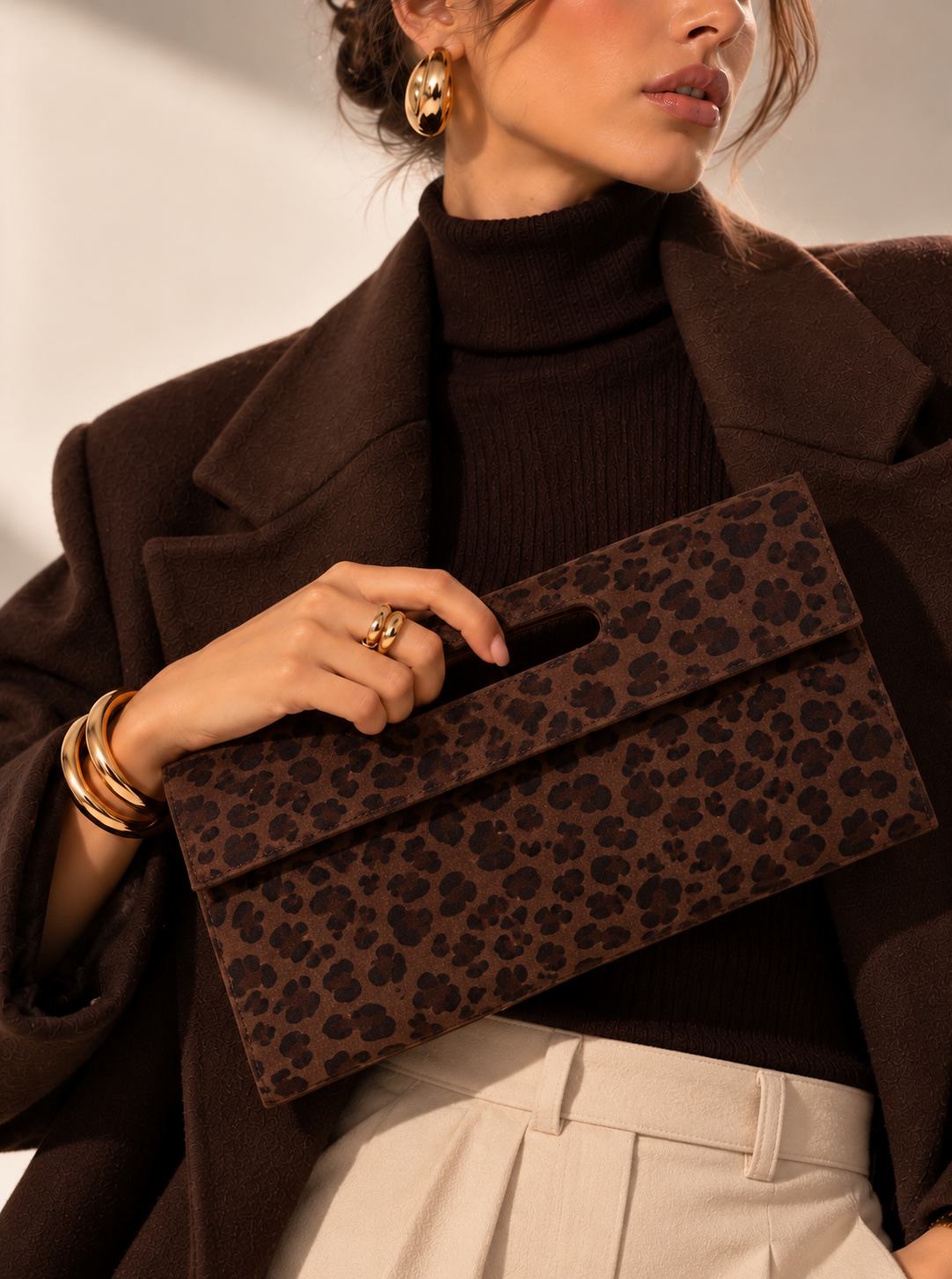 Brown Leopard Print Suede Clutch