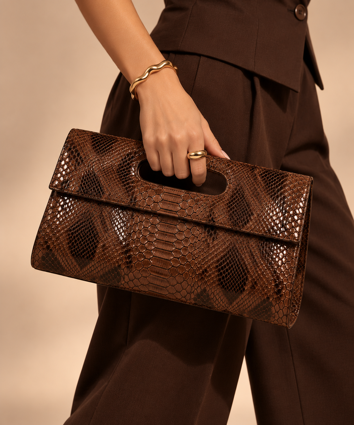 Brown Snake Leather Clutch