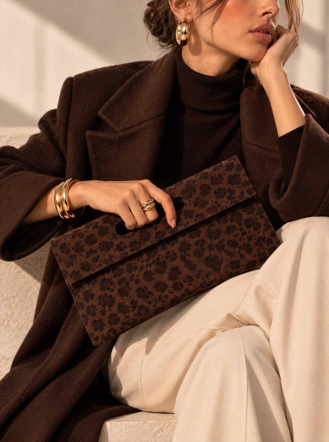 Brown Leopard Print Suede Clutch