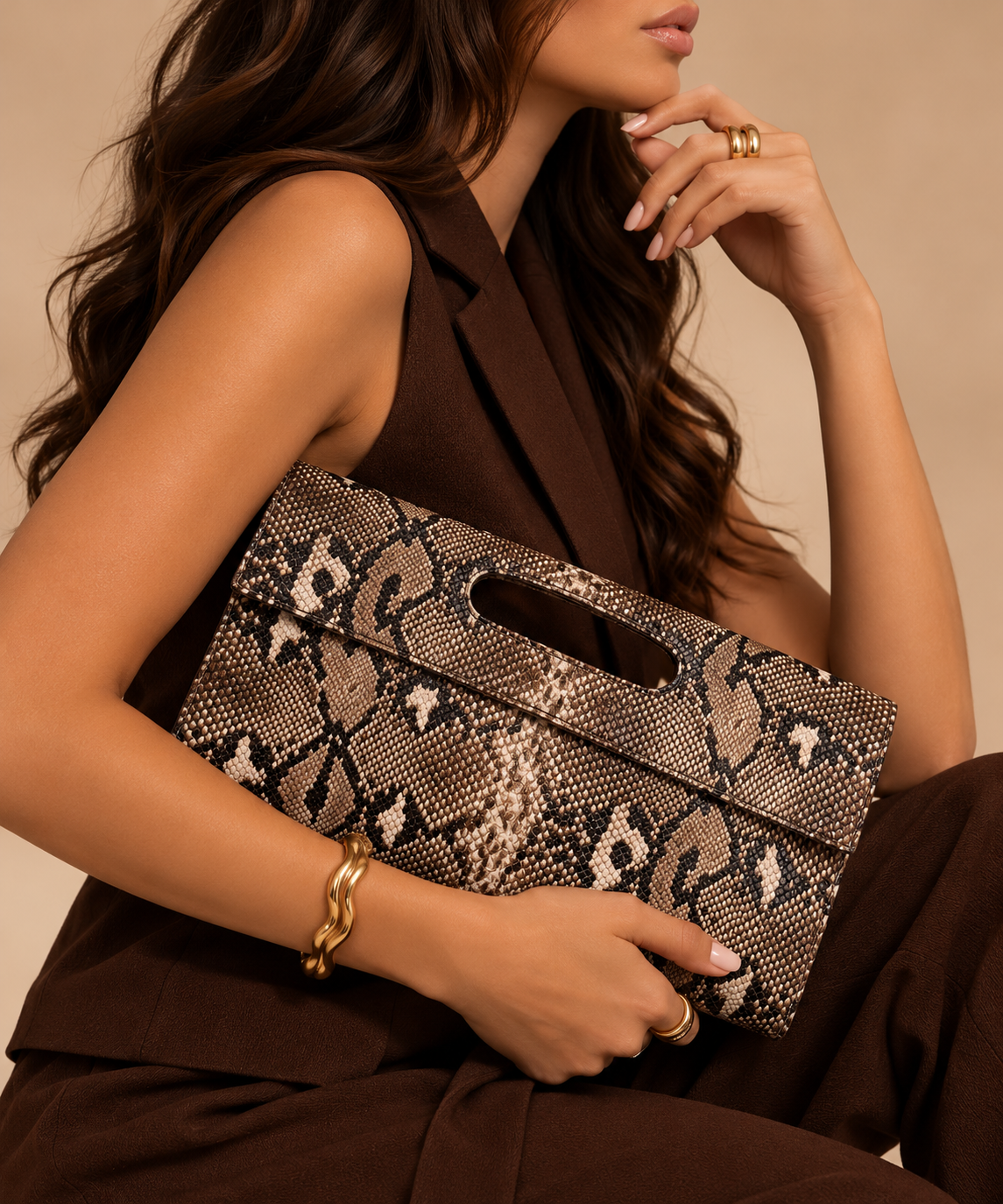 Beige Snake Print Clutch