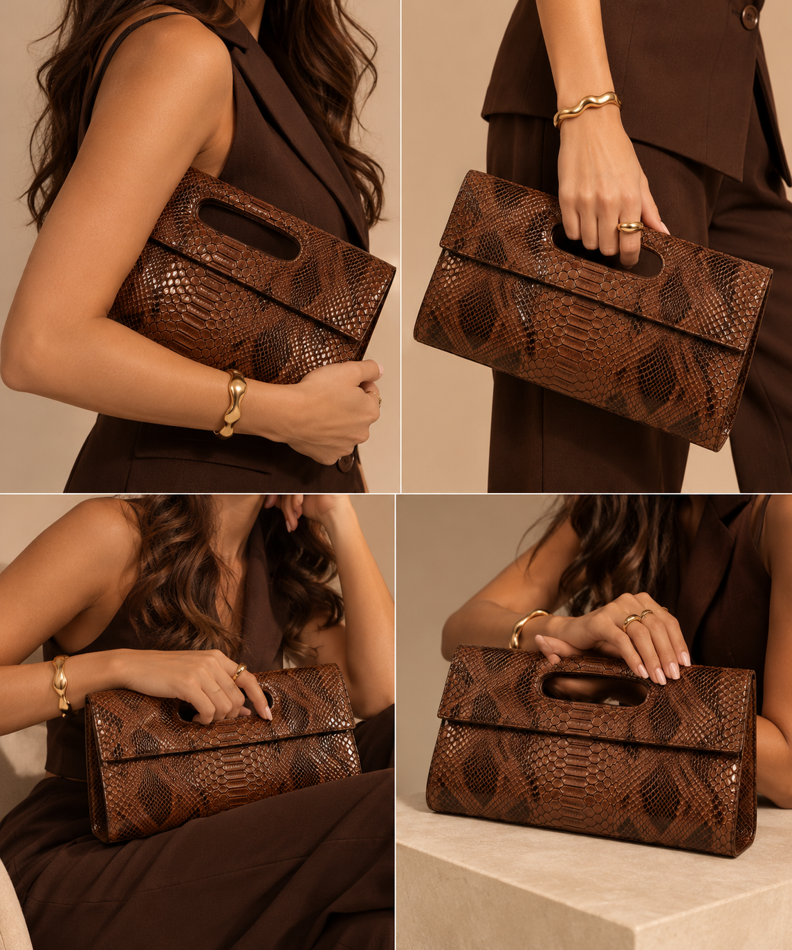Brown Snake Leather Clutch