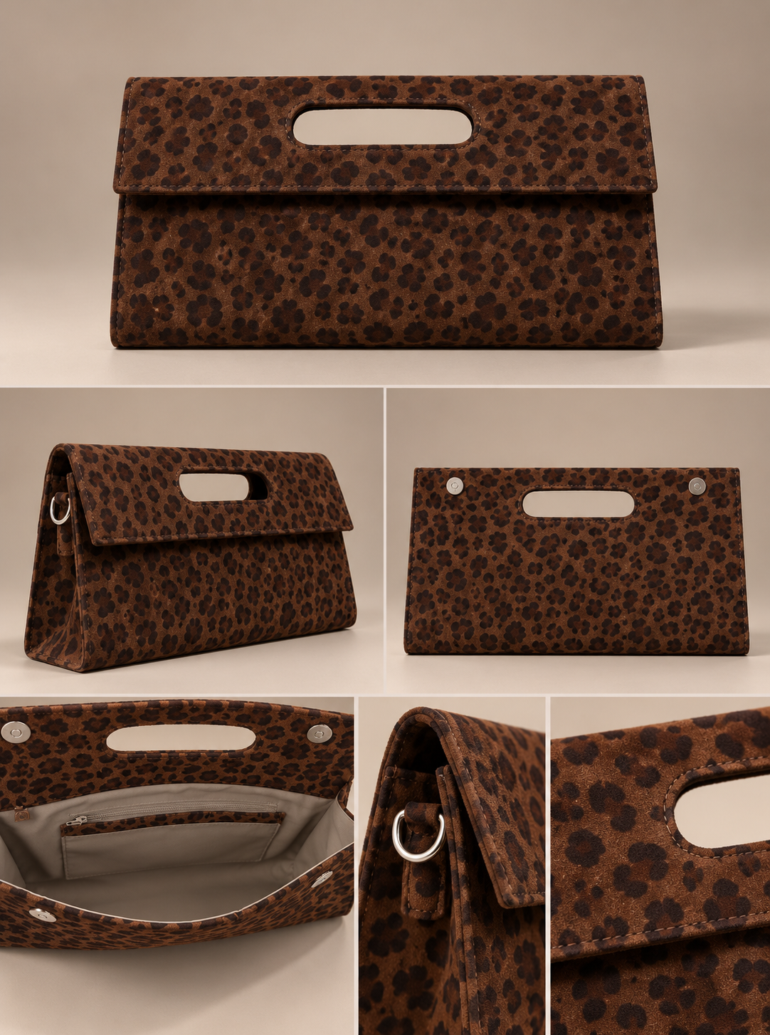 Brown Leopard Print Suede Clutch